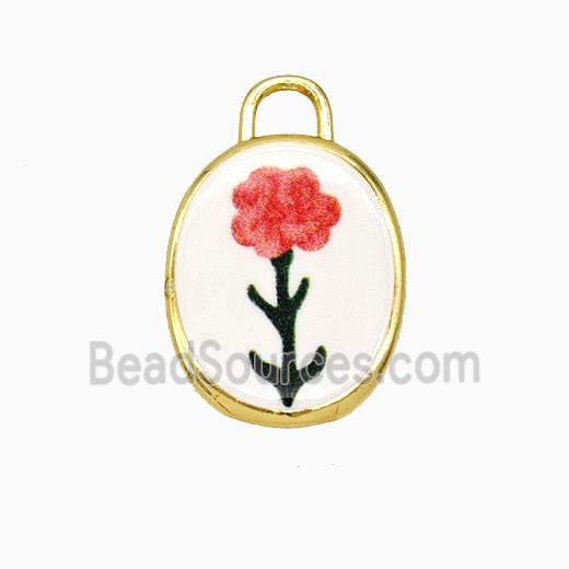 Copper Oval Pendant Painted Flower Gold Plated