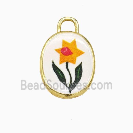 Copper Oval Pendant Painted Flower Gold Plated