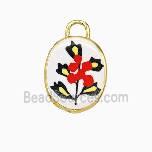Copper Oval Pendant Painted Flower Gold Plated