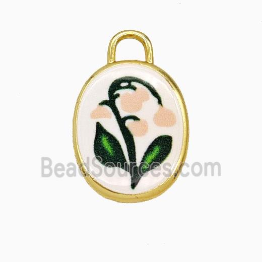 Copper Oval Pendant Painted Flower Gold Plated