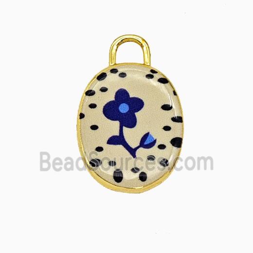 Copper Oval Pendant Painted Flower Gold Plated