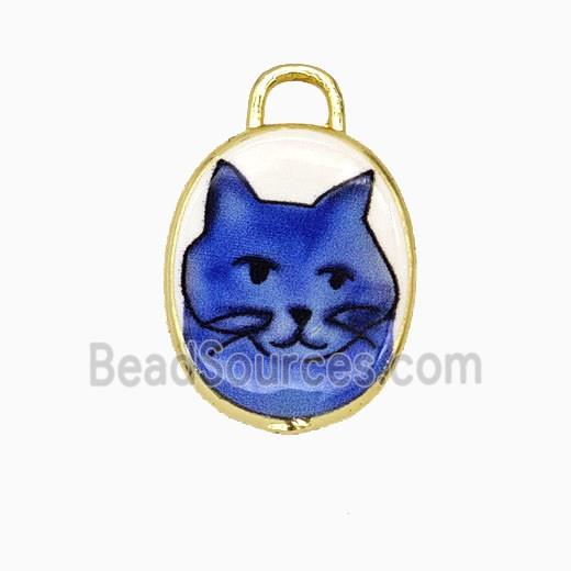 Copper Oval Pendant Painted Cat Gold Plated