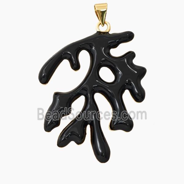 Copper Coral Branch Pendant Black Enamel Gold Plated