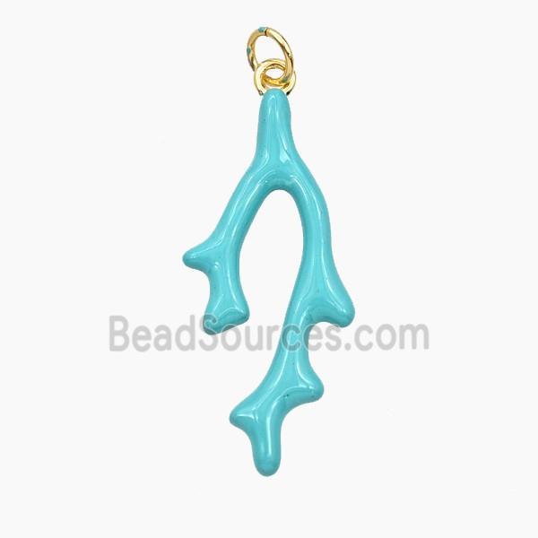 Copper Coral Branch Pendant Teal Enamel Gold Plated