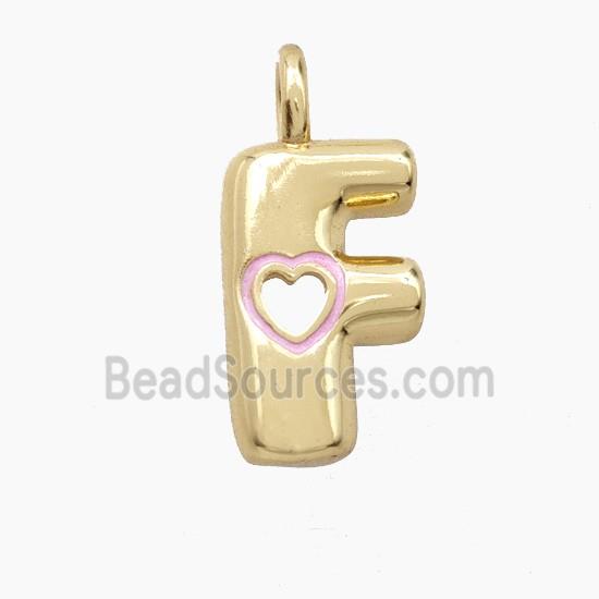 Copper Letter-F Pendant Pink Enamel Heart Gold Plated