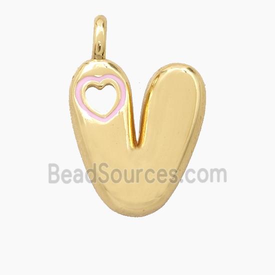 Copper Letter-V Pendant Pink Enamel Heart Gold Plated