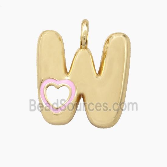 Copper Letter-W Pendant Pink Enamel Heart Gold Plated