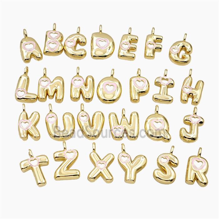 Copper Alphabet Pendant Pink Enamel Heart Gold Plated Mixed Letters