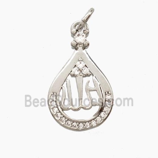 Copper Teardrop Pendant Pave Zirconia Allah Platinum Plated