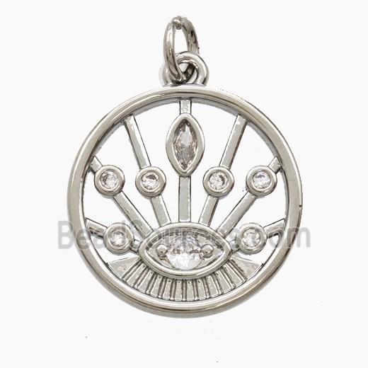Copper Evil Eye Pendant Pave Zirconia Circle Platinum Plated