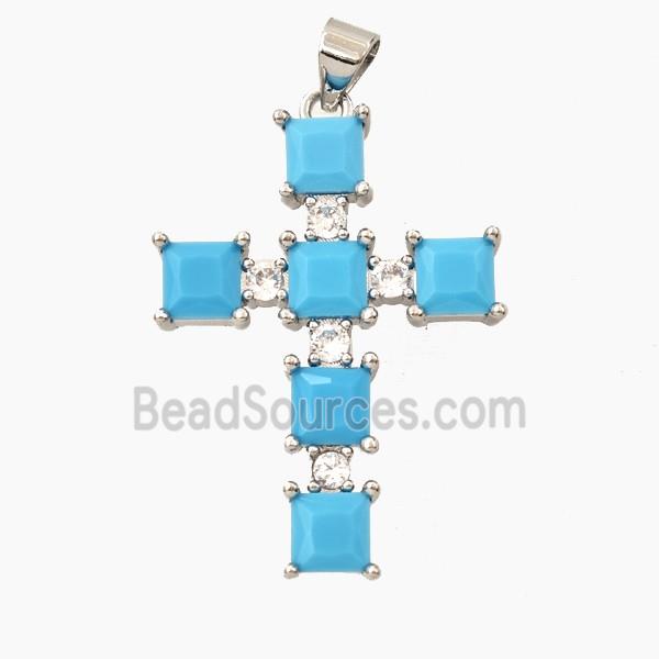 Copper Cross Pendant Pave Turq Zirconia Platinum Plated