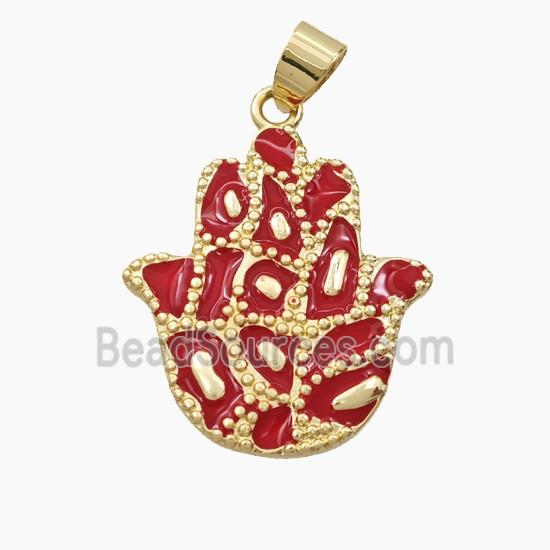 Copper Hamsahand Pendant Red Enamel Bohemia Style Gold Plated