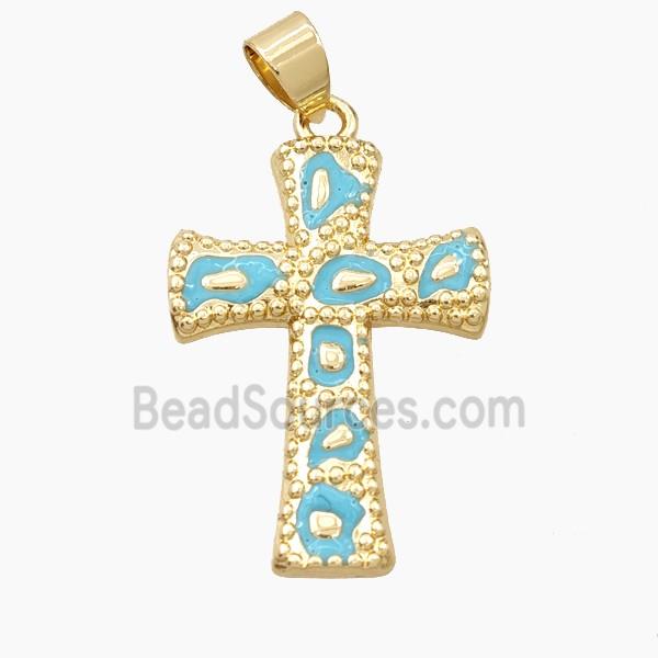 Copper Cross Pendant Teal Enamel Bohemia Style Gold Plated
