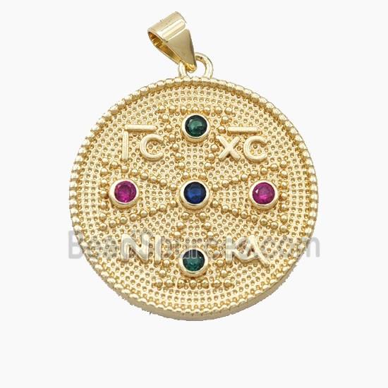Copper Greek Cross Pendant Pave Zirconia Coin Gold Plated