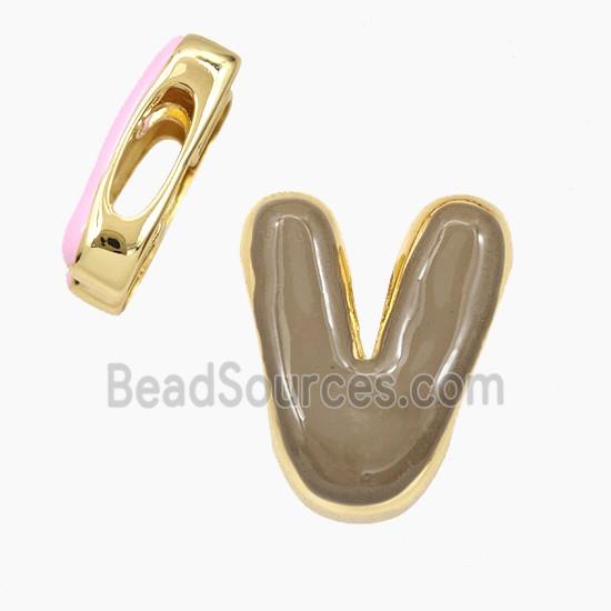 Copper Letter-V Beads Enamel Flat Hole Gold Plated