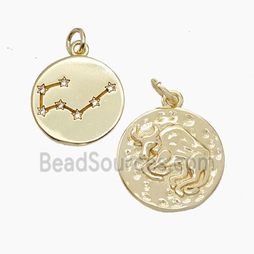 Copper Circle Pendant Pave Zirconia Zodiac Taurus Gold Plated