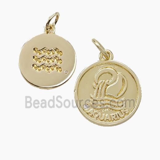 Zodiac Aquarius Copper Circle Pendant Pave Zirconia Gold Plated
