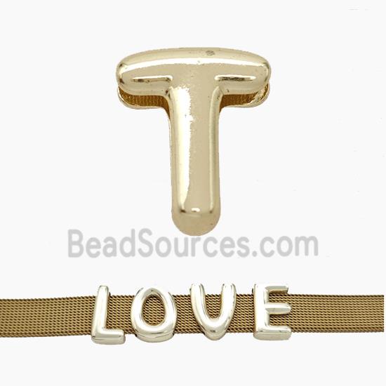 Copper Watchband Beads Letter-T Flat Hole Gold Plated