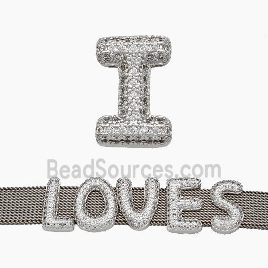 Copper Watchband Beads Pave Zirconia Letter-I Flat Hole Platinum Plated