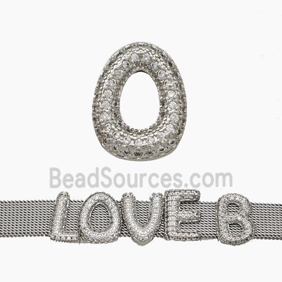 Copper Watchband Beads Pave Zirconia Letter-O Flat Hole Platinum Plated