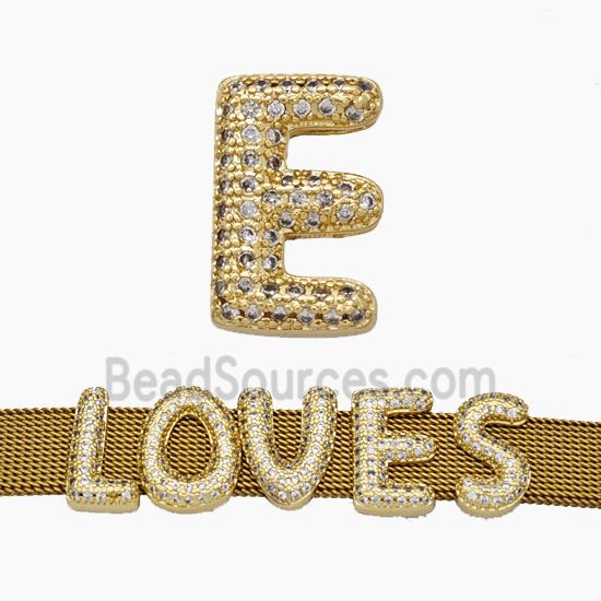 Copper Watchband Beads Pave Zirconia Letter-E Flat Hole Gold Plated