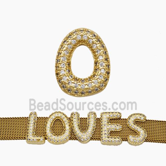 Copper Watchband Beads Pave Zirconia Letter-O Flat Hole Gold Plated