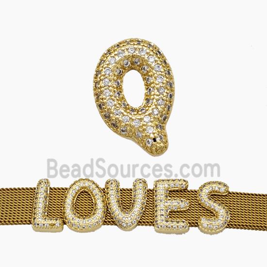 Copper Watchband Beads Pave Zirconia Letter-Q Flat Hole Gold Plated