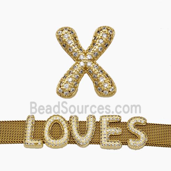 Copper Watchband Beads Pave Zirconia Letter-X Flat Hole Gold Plated