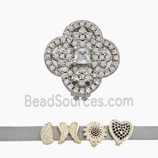 Copper Watchband Beads Pave Zirconia Clover Flat Hole Platinum Plated