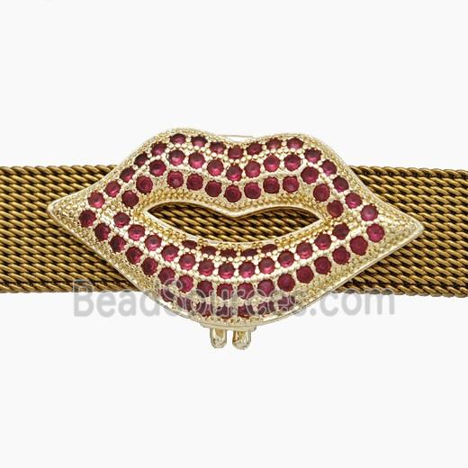 Copper Watchband Beads Pave Zirconia Lips Flat Hole Gold Plated