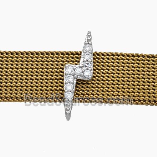 Copper Watchband Beads Pave Zirconia Lightning Flat Hole Platinum Plated