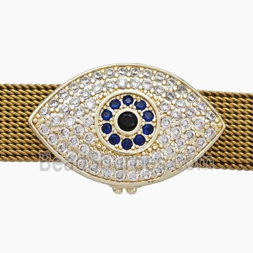 Copper Watchband Beads Pave Zirconia Evil Eye Flat Hole Gold Plated