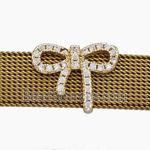 Copper Watchband Beads Pave Zirconia Knotbow Flat Hole Gold Plated