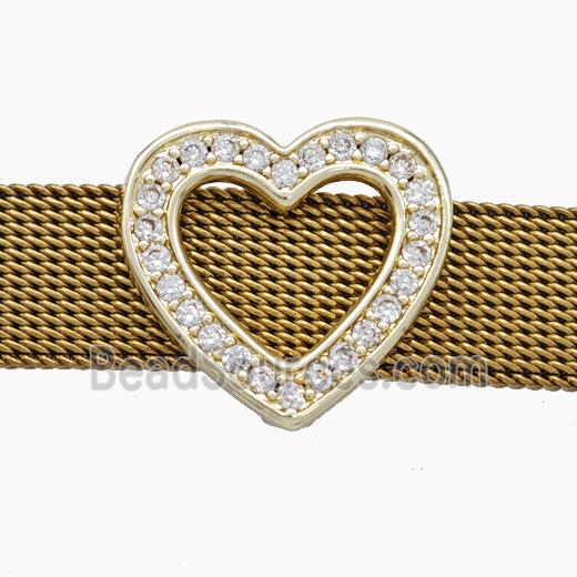 Copper Watchband Beads Pave Zirconia Heart Flat Hole Gold Plated