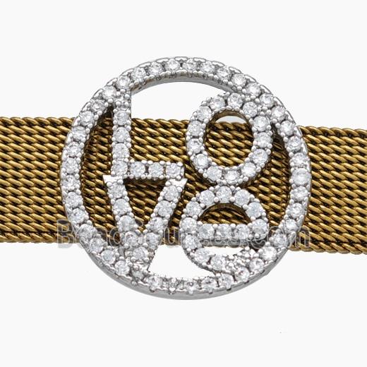 Copper Watchband Beads Pave Zirconia LOVE Flat Hole Platinum Plated