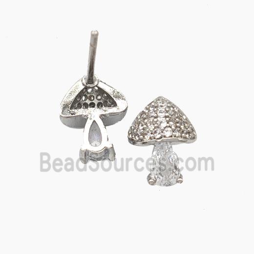 Copper Mushroom Stud Earrings Pave Zirconia Platinum Plated