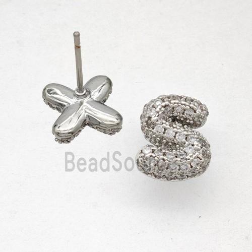 Copper Stud Earrings Pave Zirconia Letter-S Platinum Plated