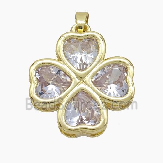 Copper Clover Pendant Pave Clear Crystal Glass Heart Gold Plated