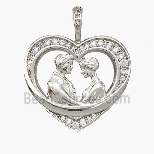 Copper Couple Pendant Pave Zirconia Heart Platinum Plated