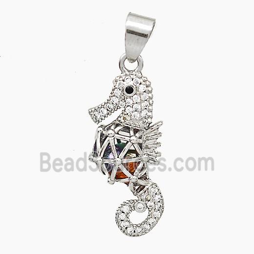 Copper Seahorse Pendant Pave Zirconia Hollow Platinum Plated