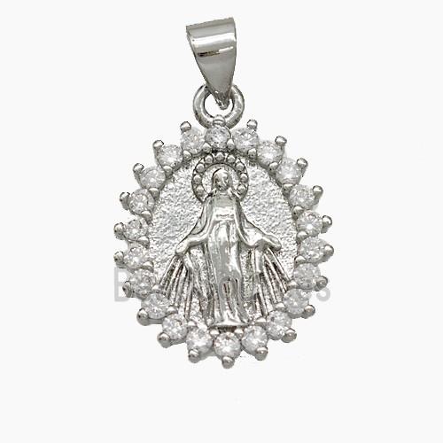 Virgin Mary Charms Copper Pendant Pave Zirconia Platinum Plated