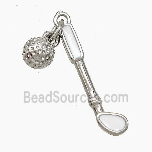 Golf Holder and Ball Charms Copper Pendant White Enamel Sports Platinum Plated