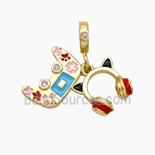 Game Handle and Headphones Charms Copper Pendant Multicolor Enamel Gold Plated