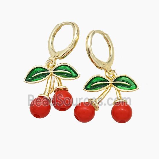 Copper Cherry Hoop Earrings Pave Red Resin Gold Plated