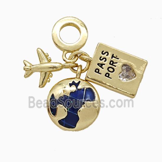Earth And Airplane Passport Charms Copper Pendant Blue Painted Gold Plated