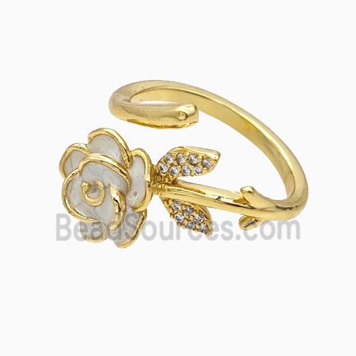 Copper Flower Rings Pave Zirconia White Enamel Gold Plated