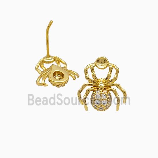 Copper Spider Stud Earrings Pave Zirconia 18K Gold Plated