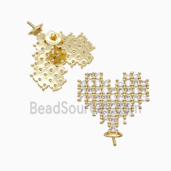 Copper Heart Stud Earrings Pave Zirconia With Bail 18K Gold Plated