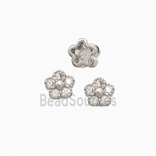 Copper Flower Beads Pave Zirconia Platinum Plated