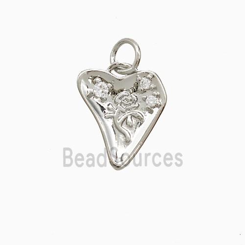 Copper Heart Flower Pendant Pave Zirconia Platinum Plated